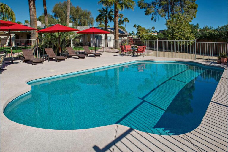 photo of a backyard pool design in PebbleTec PebbleBrilliance Oasis Pool Finish medium blue water color