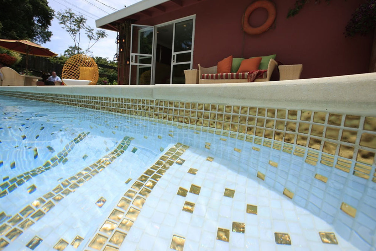 Ren II Absolute White 1x1 with gold accents all tiled pool