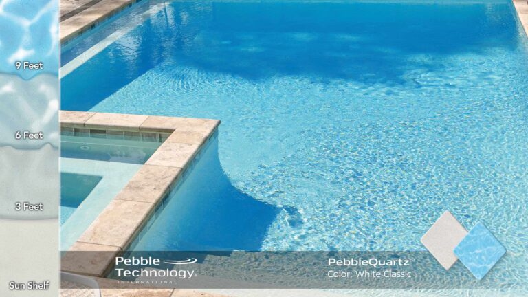 Photo Collage of Pebble Quartz White Classic Pool Finish