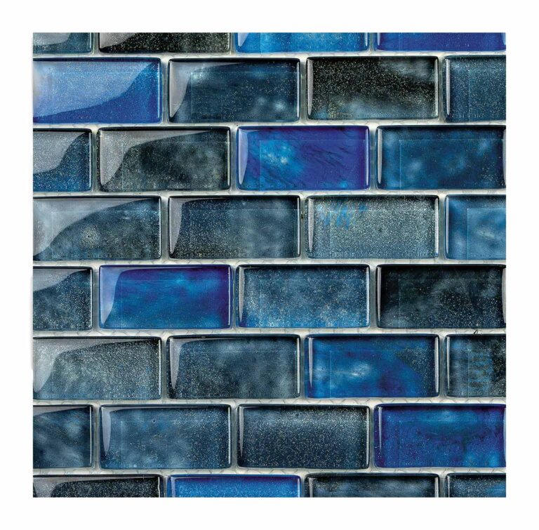 close up image of 2 inch pebbletec glass tile in dark blue color Midnight Tide